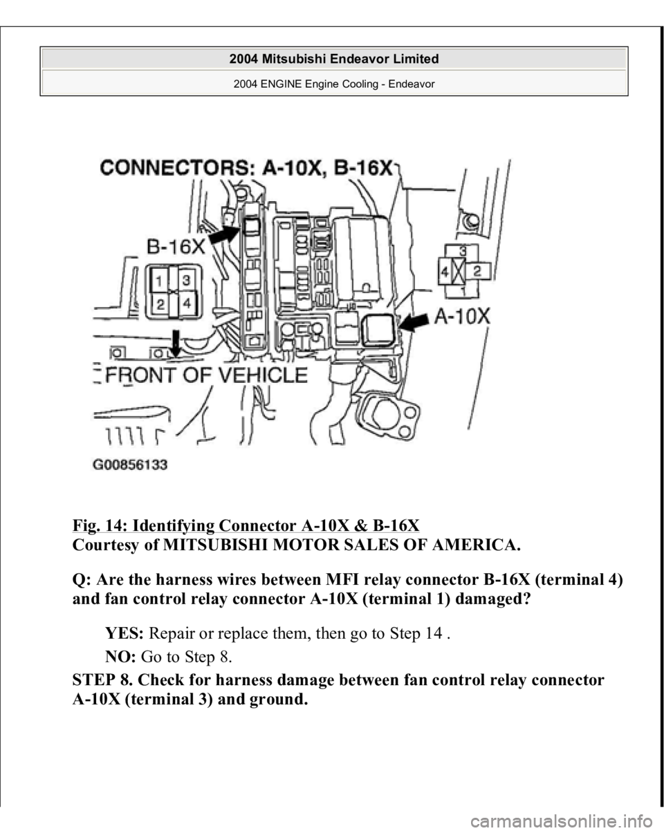 MITSUBISHI ENDEAVOR 2004  Service Repair Manual Fig. 14: Identifying Connector A
-10X & B
-16X
 
Courtesy of MITSUBISHI MOTOR SALES OF AMERICA. 
Q: Are the harness wires between MFI relay connector B-16X (terminal 4) 
and fan control relay connecto
