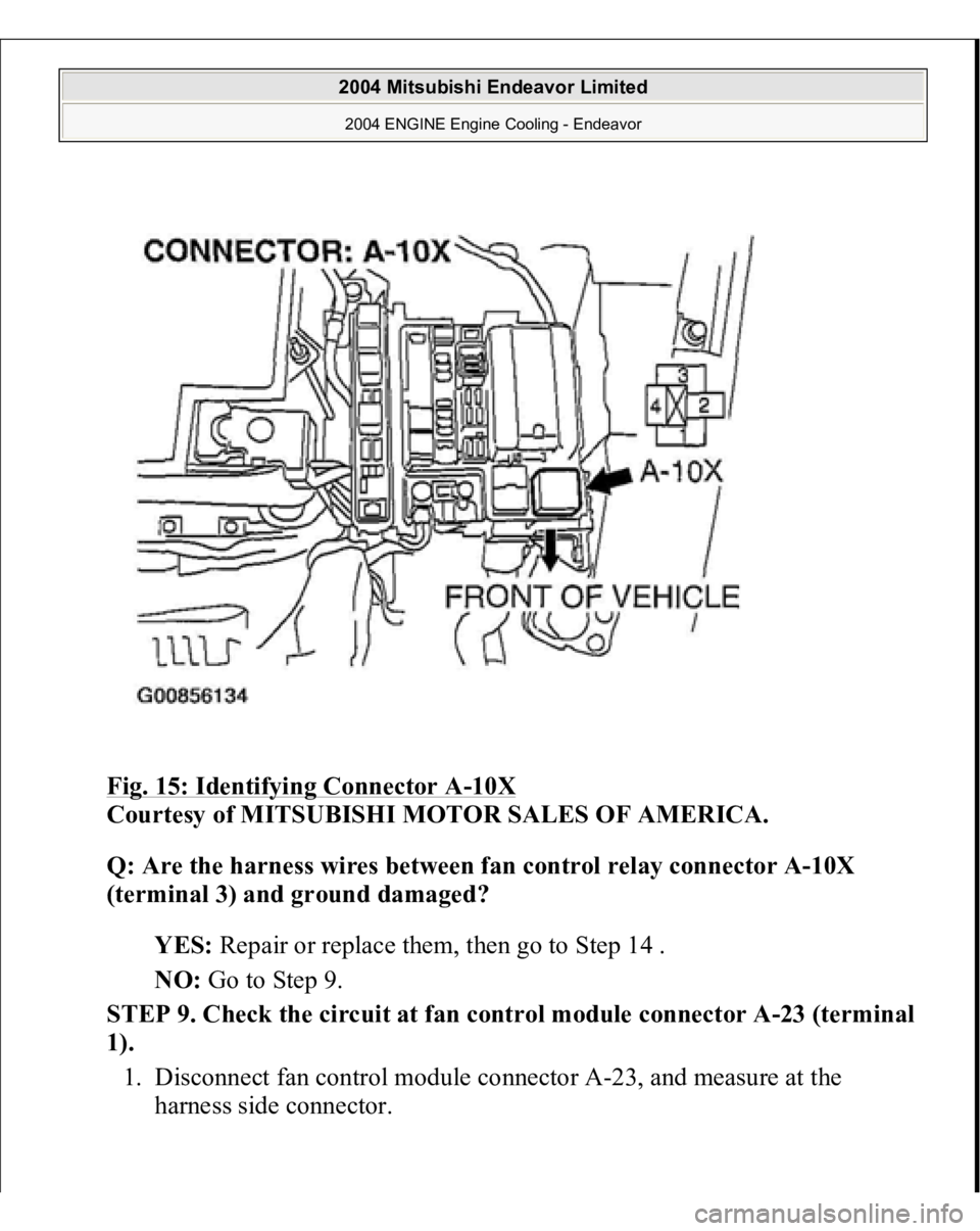 MITSUBISHI ENDEAVOR 2004  Service Repair Manual Fig. 15: Identifying Connector A
-10X
 
Courtesy of MITSUBISHI MOTOR SALES OF AMERICA. 
Q: Are the harness wires between fan control relay connector A-10X 
(terminal 3) and ground damaged?  
YES: Repa
