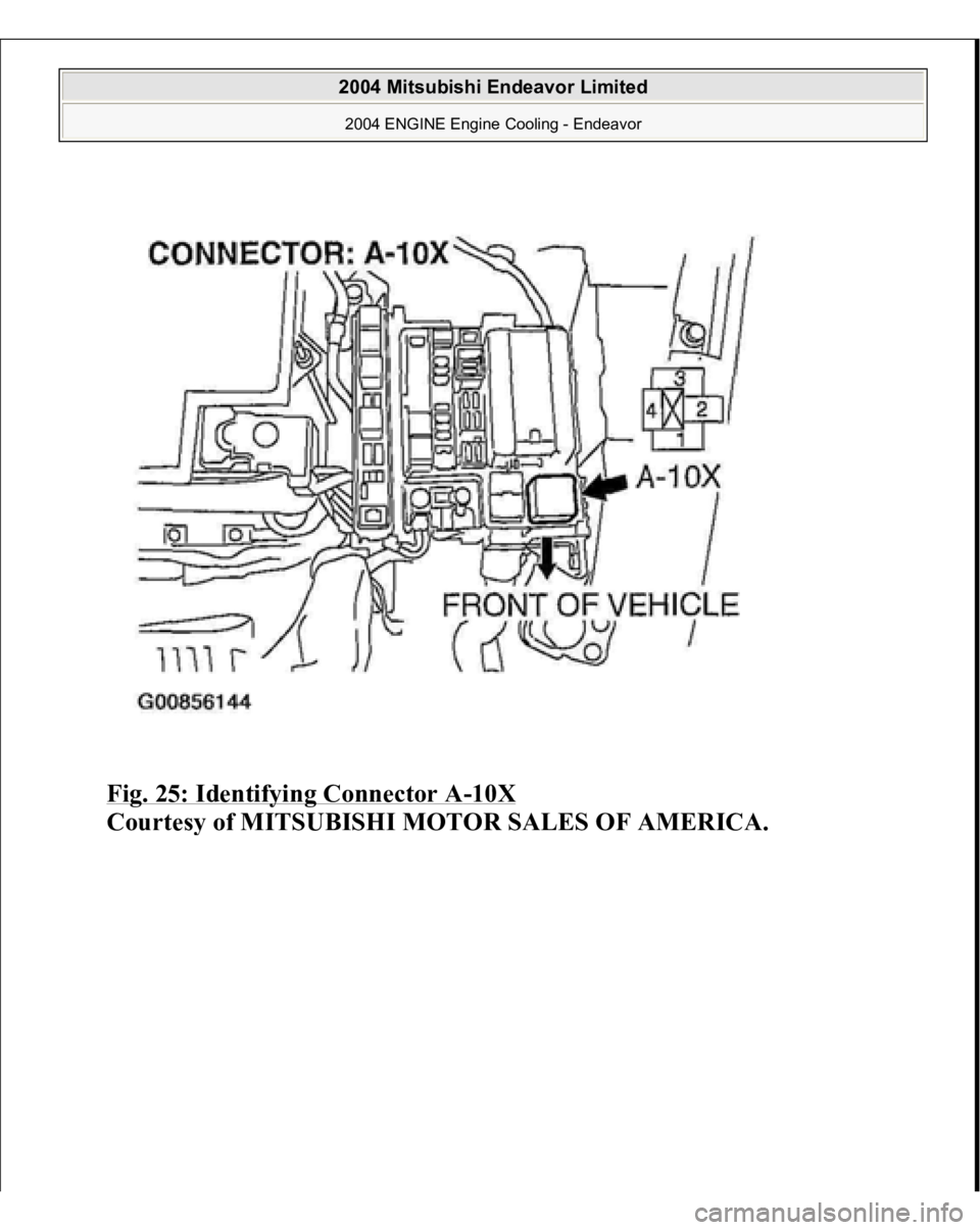 MITSUBISHI ENDEAVOR 2004  Service Repair Manual Fig. 25: Identifying Connector A
-10X
 
Courtes
y of MITSUBISHI MOTOR SALES OF AMERICA
.
 
2004 Mitsubishi Endeavor Limited 2004 ENGINE Engine Cooling - Endeavor
   