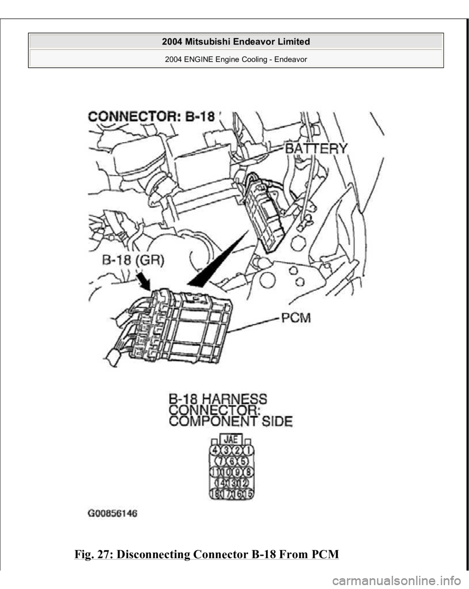 MITSUBISHI ENDEAVOR 2004  Service Repair Manual Fig. 27: Disconnecting Connector B
-18 From PCM
 
2004 Mitsubishi Endeavor Limited 2004 ENGINE Engine Cooling - Endeavor
   