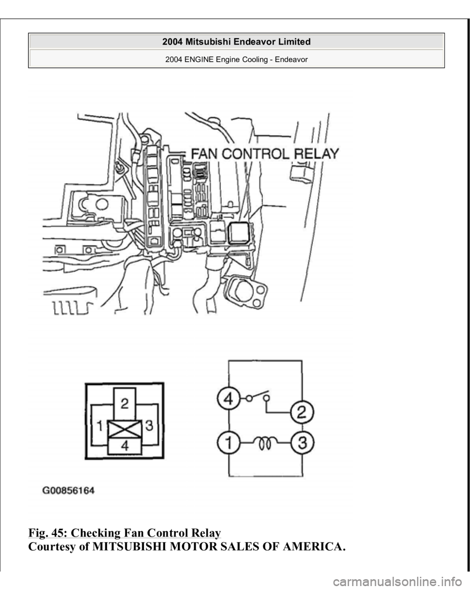 MITSUBISHI ENDEAVOR 2004  Service Repair Manual Fig. 45: Checking Fan Control Relay
 
Courtesy of MITSUBISHI MOTOR SALES OF AMERICA.
 
2004 Mitsubishi Endeavor Limited 2004 ENGINE Engine Cooling - Endeavor
   