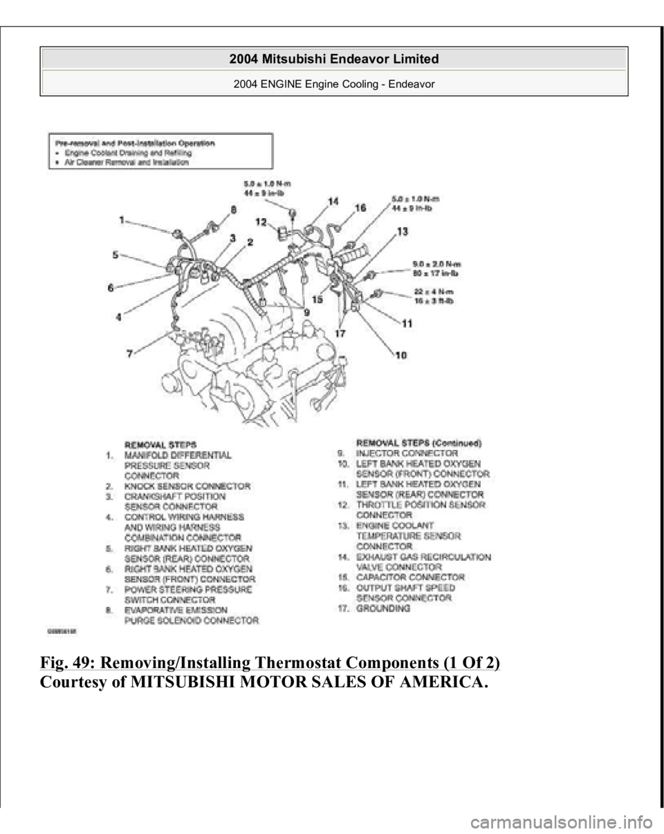 MITSUBISHI ENDEAVOR 2004  Service Repair Manual Fig. 49: Removing/Installing Thermostat Components (1 Of 2)
 
Courtesy of MITSUBISHI MOTOR SALES OF AMERICA.
 
2004 Mitsubishi Endeavor Limited 2004 ENGINE Engine Cooling - Endeavor
   