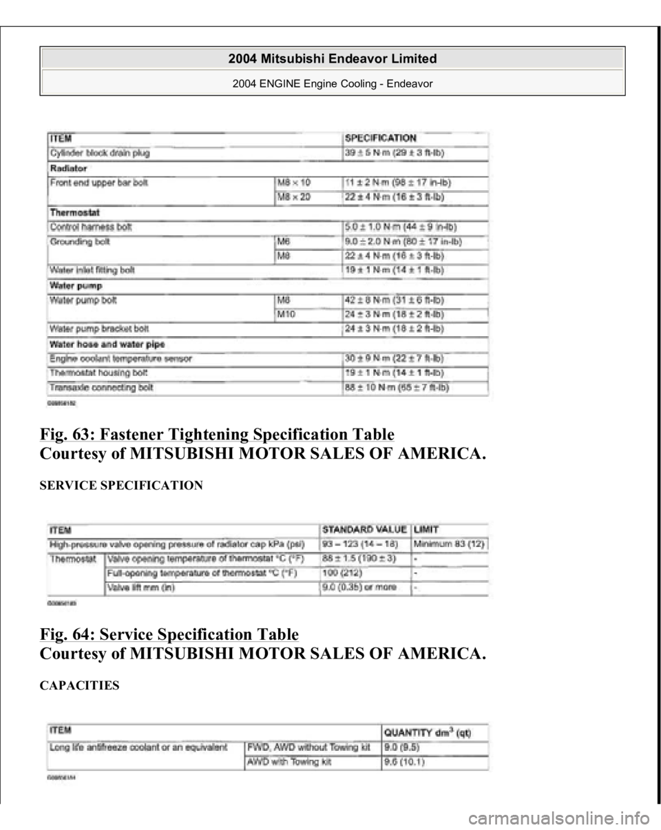 MITSUBISHI ENDEAVOR 2004  Service Repair Manual Fig. 63: Fastener Tightening Specification Table
 
Courtesy of MITSUBISHI MOTOR SALES OF AMERICA. 
SERVICE SPECIFICATION Fig. 64: Service Specification Table
 
Courtesy of MITSUBISHI MOTOR SALES OF AM