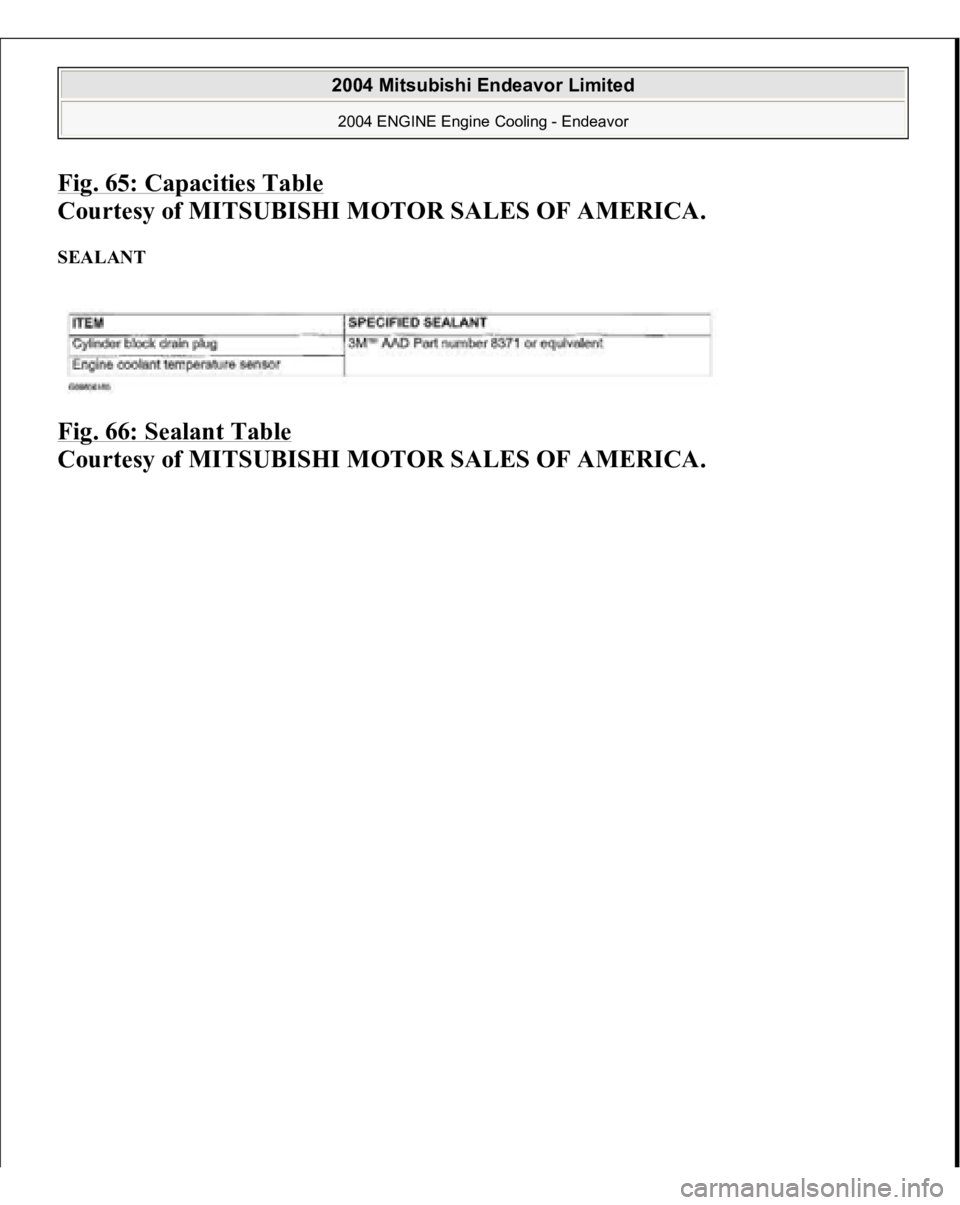MITSUBISHI ENDEAVOR 2004  Service Repair Manual Fig. 65: Capacities Table
 
Courtesy of MITSUBISHI MOTOR SALES OF AMERICA. 
SEALANT Fig. 66: Sealant Table
 
Courtes
y of MITSUBISHI MOTOR SALES OF AMERICA
.
 
2004 Mitsubishi Endeavor Limited 2004 EN