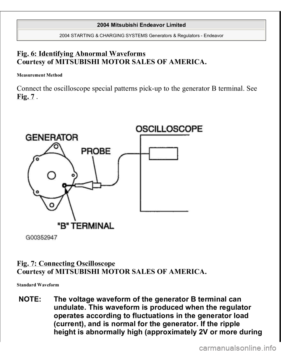 MITSUBISHI ENDEAVOR 2004 Service Repair Manual Fig. 6: Identifying Abnormal Waveforms
Courtesy of MITSUBISHI MOTOR SALES OF AMERICA.
Measurement Method Connect the oscilloscope special patterns pick-up to the generator B terminal. See
Fig. 7
MITSUBISHI ENDEAVOR 2004 Service Repair Manual Fig. 6: Identifying Abnormal Waveforms
Courtesy of MITSUBISHI MOTOR SALES OF AMERICA.
Measurement Method Connect the oscilloscope special patterns pick-up to the generator B terminal. See
Fig. 7