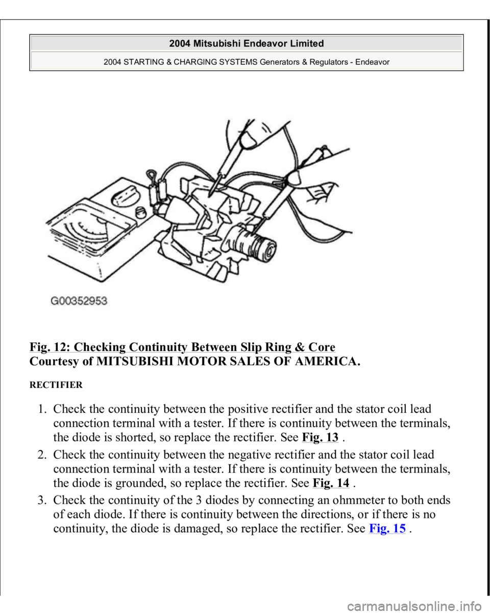 MITSUBISHI ENDEAVOR 2004  Service Repair Manual Fig. 12: Checking Continuity Between Slip Ring & Core
 
Courtesy of MITSUBISHI MOTOR SALES OF AMERICA. 
RECTIFIER 1. Check the continuity between the positive rectifier and the stator coil lead 
conne