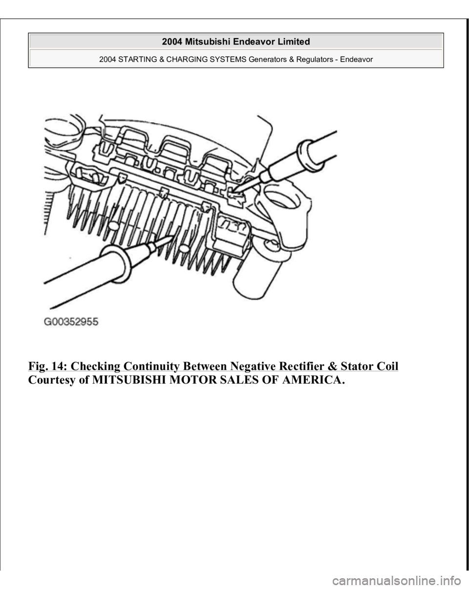 MITSUBISHI ENDEAVOR 2004  Service Repair Manual Fig. 14: Checking Continuity Between Negative Rectifier & Stator Coil
 
Courtesy of MITSUBISHI MOTOR SALES OF AMERICA.
 
2004 Mitsubishi Endeavor Limited 
2004 STARTING & CHARGING SYSTEMS Generators &