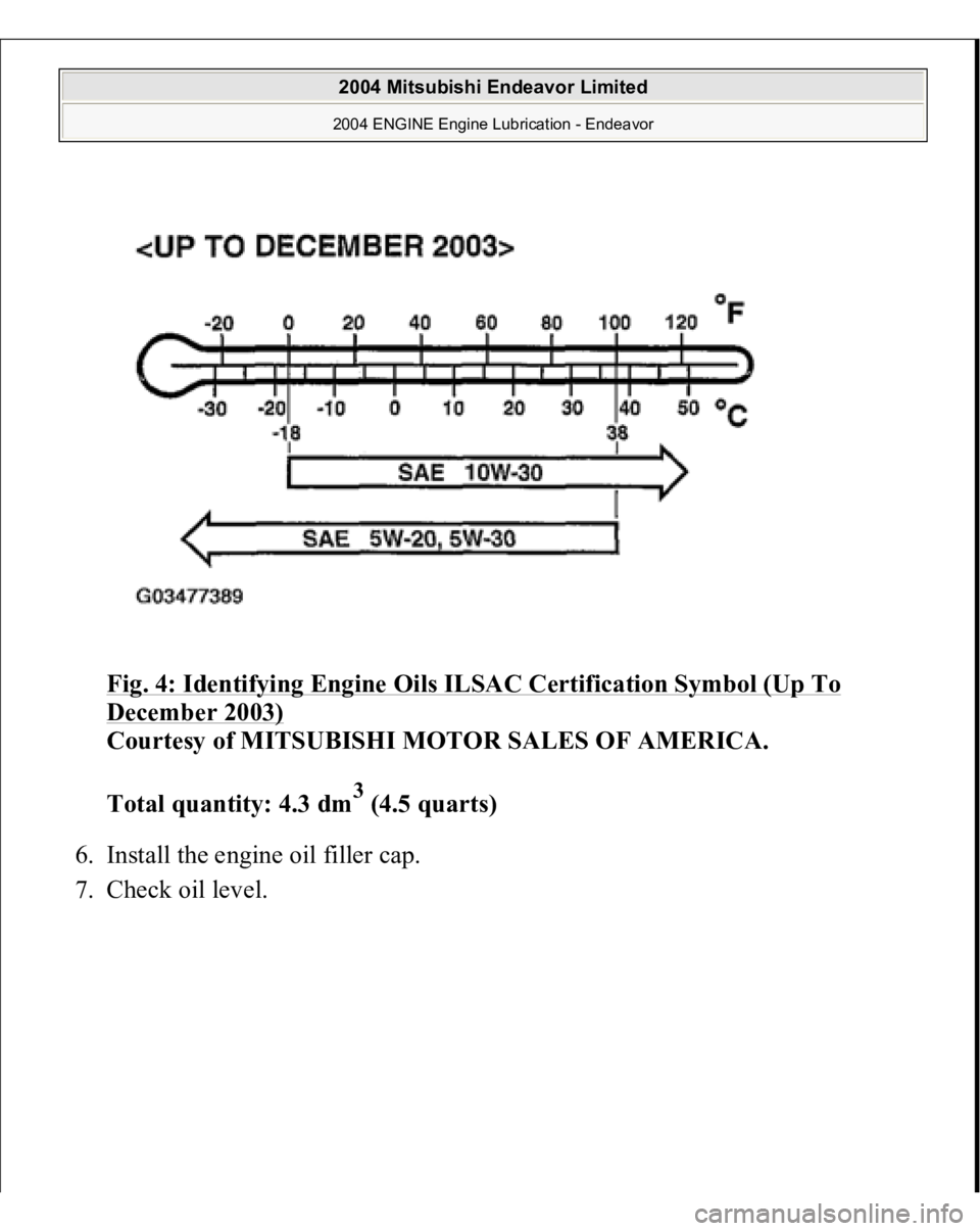 MITSUBISHI ENDEAVOR 2004  Service Repair Manual Fig. 4: Identifying Engine Oils ILSAC Certification Symbol (Up To December 2003)
 
Courtesy of MITSUBISHI MOTOR SALES OF AMERICA. 
Total quantity: 4.3 dm
3 (4.5 quarts)  
6. Install the engine oil fil