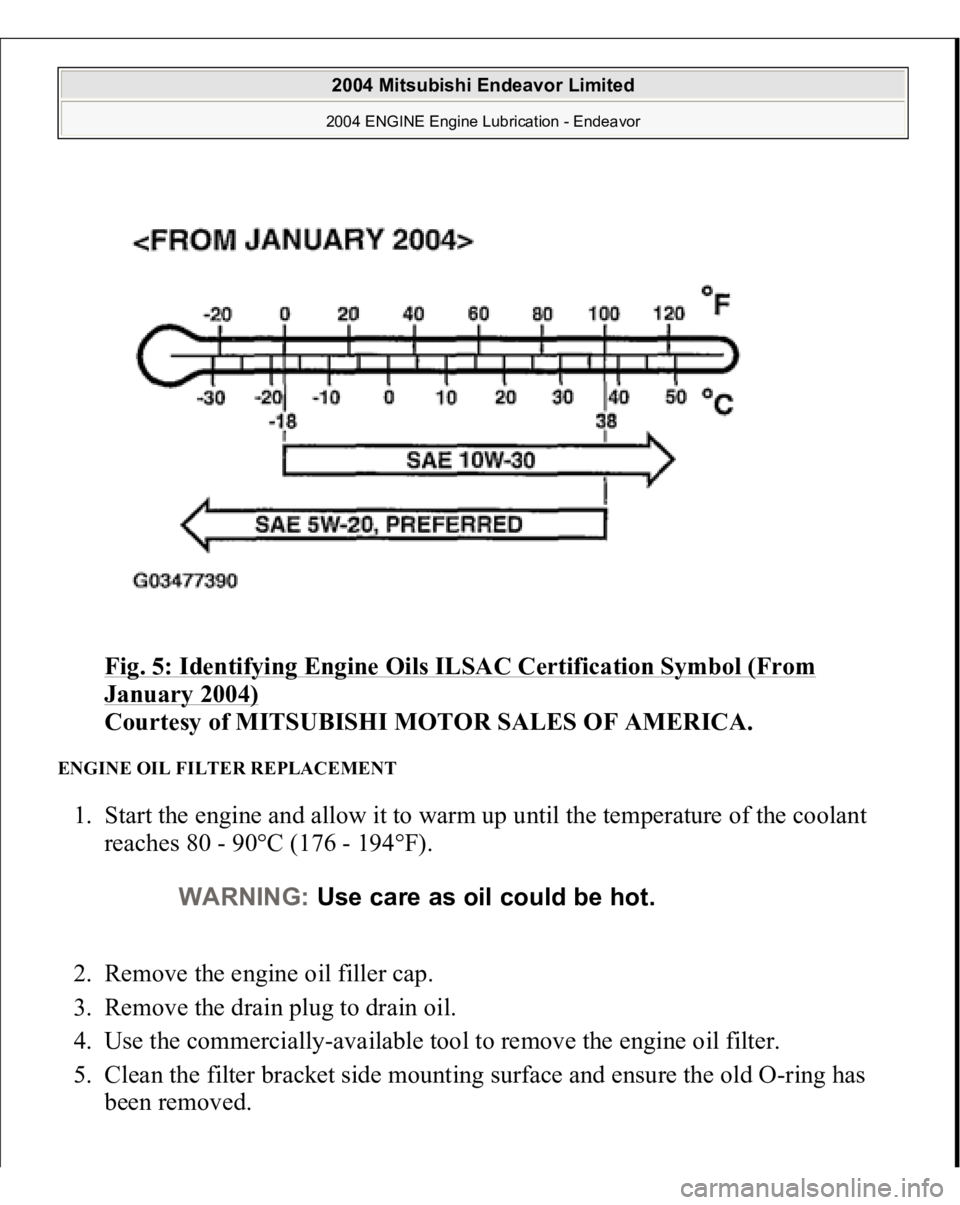 MITSUBISHI ENDEAVOR 2004  Service Repair Manual Fig. 5: Identifying Engine Oils ILSAC Certification Symbol (From January 2004)
 
Courtesy of MITSUBISHI MOTOR SALES OF AMERICA. 
ENGINE OIL FILTER REPLACEMENT 1. Start the engine and allow it to warm 