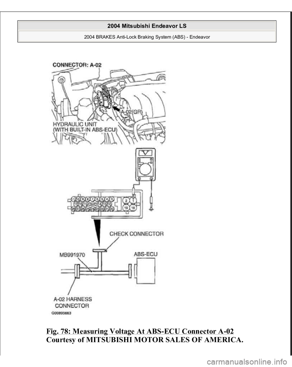 MITSUBISHI ENDEAVOR 2004  Service Repair Manual Fig. 78: Measuring Voltage At ABS
-ECU Connector A
-02 
Courtesy of MITSUBISHI MOTOR SALES OF AMERICA.
 
2004 Mitsubishi Endeavor LS 
2004 BRAKES Anti-Lock Braking System (ABS) - Endeavor
   