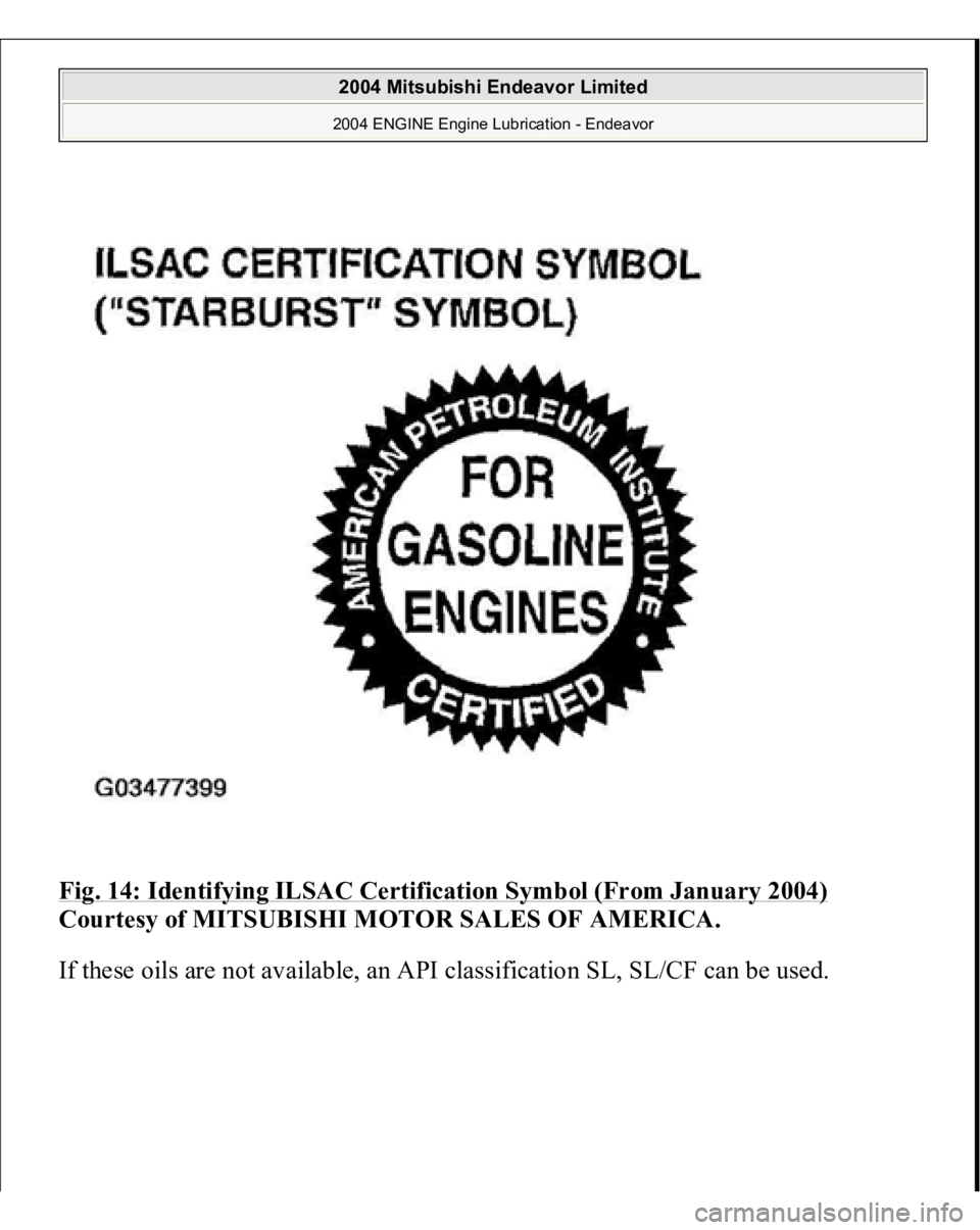 MITSUBISHI ENDEAVOR 2004  Service Repair Manual Fig. 14: Identifying ILSAC Certification Symbol (From January 2004)
 
Courtesy of MITSUBISHI MOTOR SALES OF AMERICA. 
If these oils are not available, an API classification SL, SL/CF can be used.
 
20