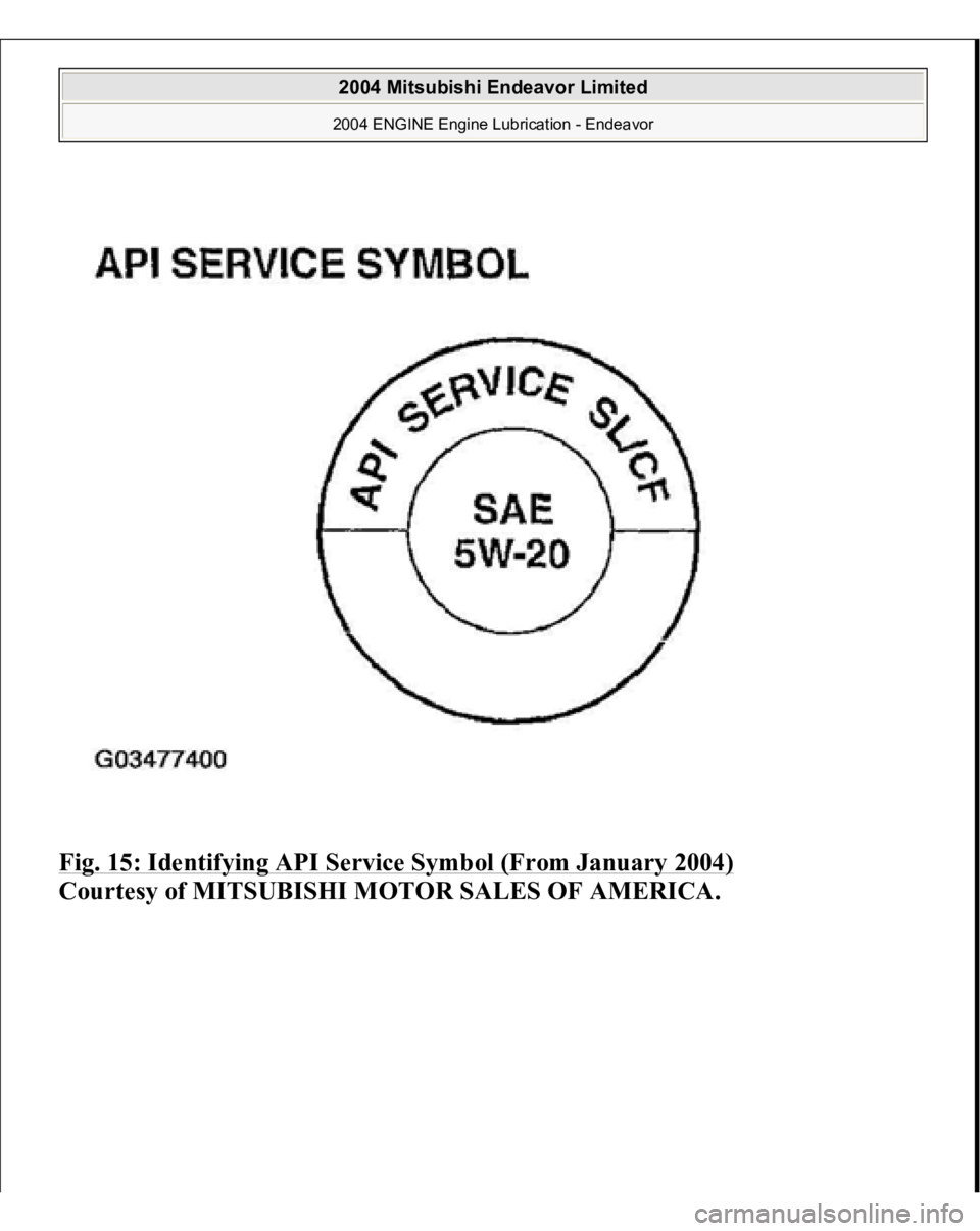 MITSUBISHI ENDEAVOR 2004  Service Repair Manual Fig. 15: Identifying API Service Symbol (From January 2004)
 
Courtesy of MITSUBISHI MOTOR SALES OF AMERICA.
 
2004 Mitsubishi Endeavor Limited 2004 ENGINE Engine Lubrication - Endeavor
   
