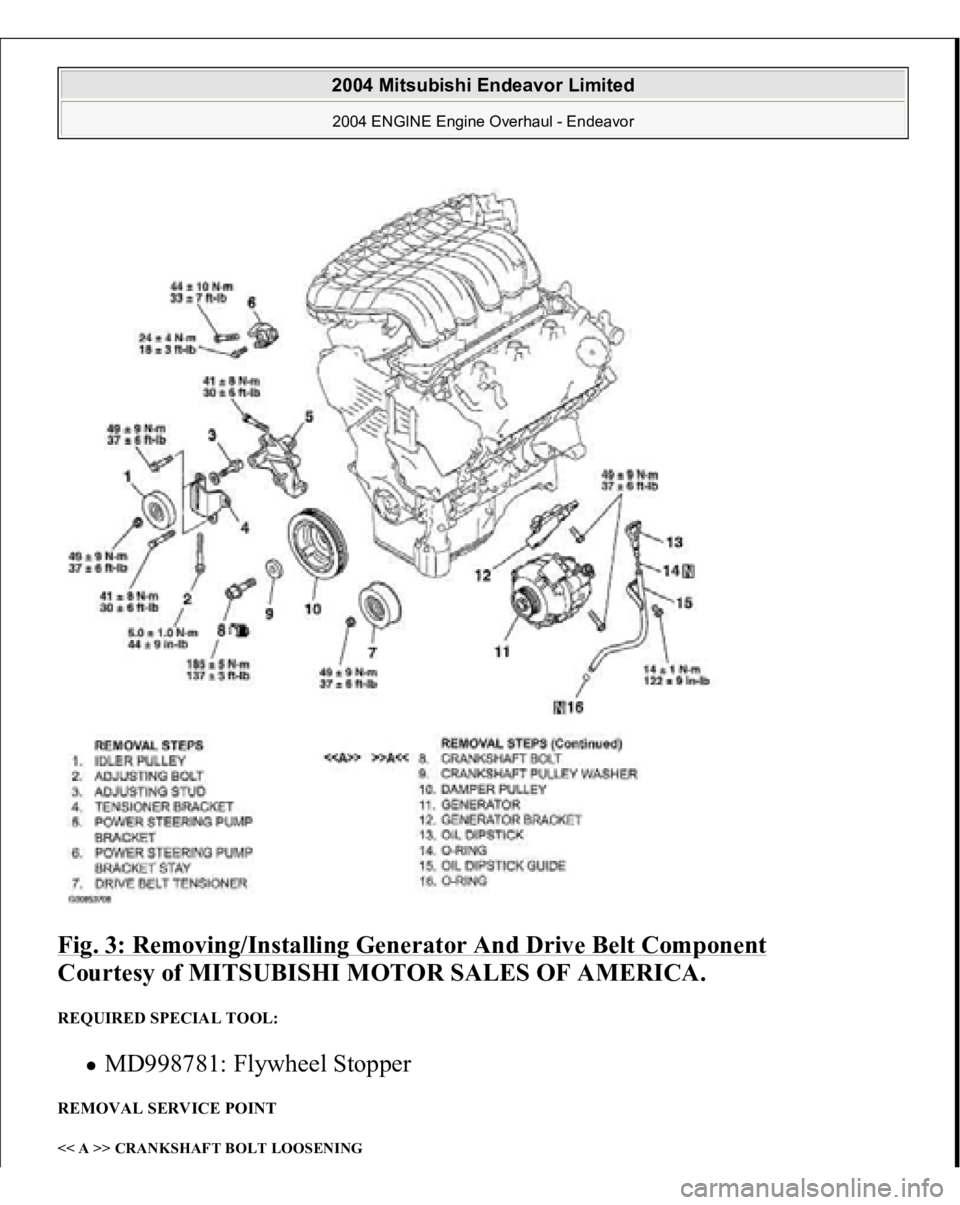 MITSUBISHI ENDEAVOR 2004  Service Repair Manual Fig. 3: Removing/Installing Generator And Drive Belt Component
 
Courtesy of MITSUBISHI MOTOR SALES OF AMERICA. 
REQUIRED SPECIAL TOOL: 
MD998781: Flywheel Stopper  
REMOVAL SERVICE POINT << A >> CRAN