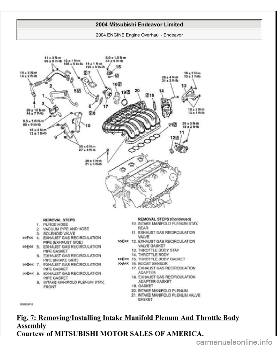 MITSUBISHI ENDEAVOR 2004  Service Repair Manual Fig. 7: Removing/Installing Intake Manifold Plenum And Throttle Body Assembly
 
Cou
rtesy
 of MIT
SU
BI
SHI M
OTOR SALE
S OF AMERI
CA.
 
2004 Mitsubishi Endeavor Limited 2004 ENGINE Engine Overhaul - 