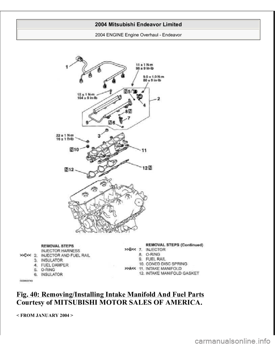 MITSUBISHI ENDEAVOR 2004  Service Repair Manual Fig. 40: Removing/Installing Intake Manifold And Fuel Parts
 
Courtesy of MITSUBISHI MOTOR SALES OF AMERICA. 
< FROM JANUARY 2004 >  
2004 Mitsubishi Endeavor Limited 2004 ENGINE Engine Overhaul - End