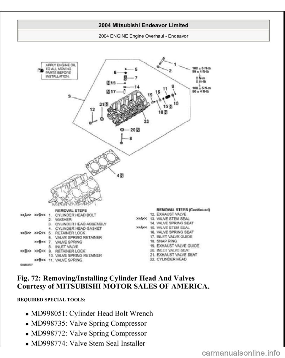 MITSUBISHI ENDEAVOR 2004  Service Repair Manual Fig. 72: Removing/Installing Cylinder Head And Valves
 
Courtesy of MITSUBISHI MOTOR SALES OF AMERICA. 
REQUIRED SPECIAL TOOLS: 
MD998051: Cylinder Head Bolt Wrench  MD998735: Valve Spring Compressor 