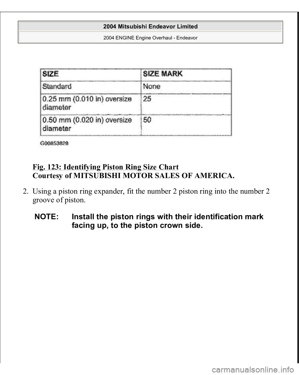 MITSUBISHI ENDEAVOR 2004  Service Repair Manual Fig. 123: Identifying Piston Ring Size Chart
 
Courtesy of MITSUBISHI MOTOR SALES OF AMERICA. 
2. Using a piston ring expander, fit the number 2 piston ring into the number 2 
groove of piston. 
NOTE: