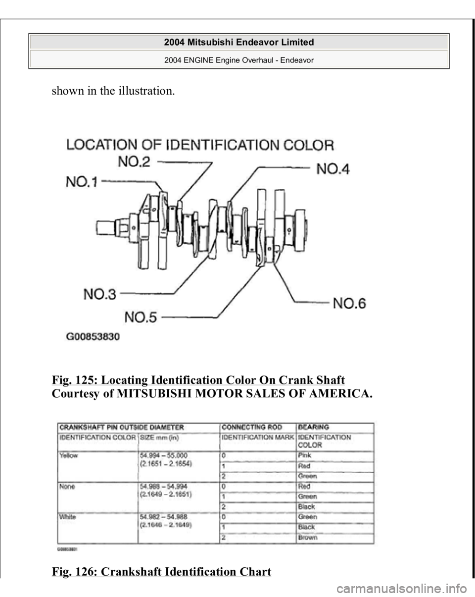MITSUBISHI ENDEAVOR 2004  Service Repair Manual shown in the illustration. 
Fig. 125: Locating Identification Color On Crank Shaft
 
Courtesy of MITSUBISHI MOTOR SALES OF AMERICA. 
Fig. 126: Crankshaft Identification Chart
 
2004 Mitsubishi Endeavo
