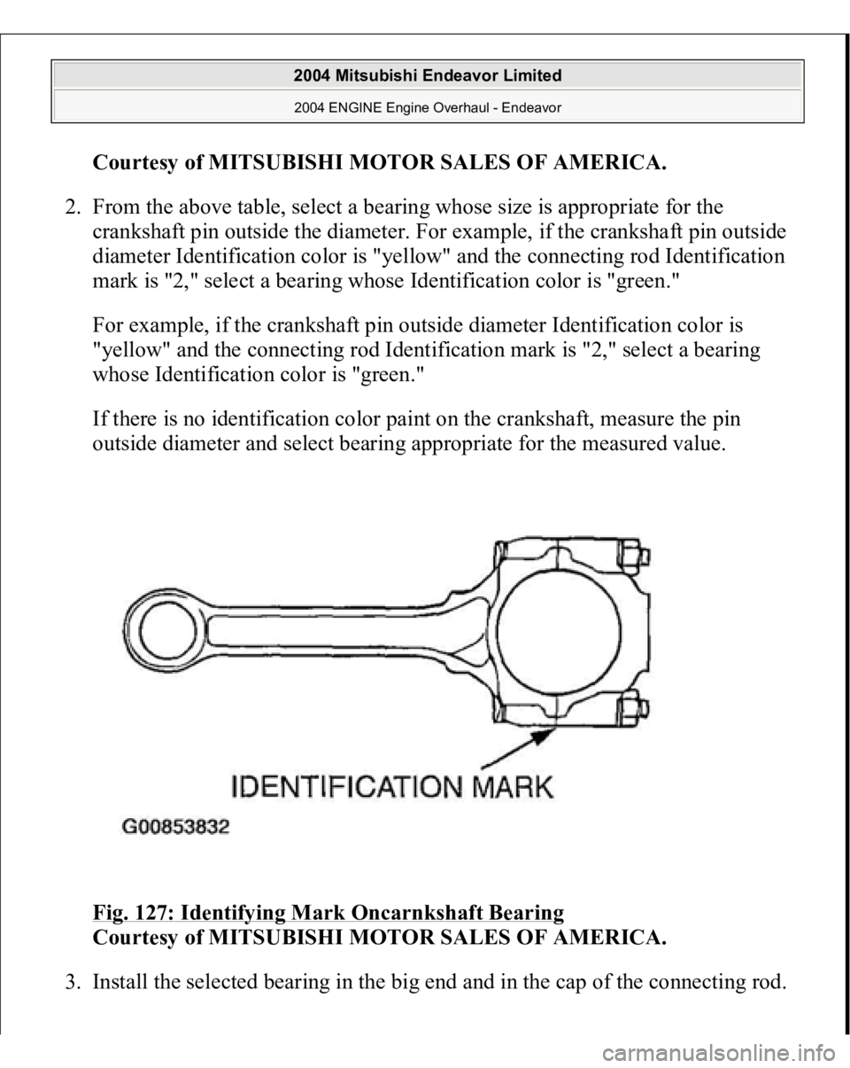 MITSUBISHI ENDEAVOR 2004  Service Repair Manual Courtesy of MITSUBISHI MOTOR SALES OF AMERICA
. 
2. From the above table, select a bearing whose size is appropriate for the 
crankshaft pin outside the diameter. For example, if the crankshaft pin ou