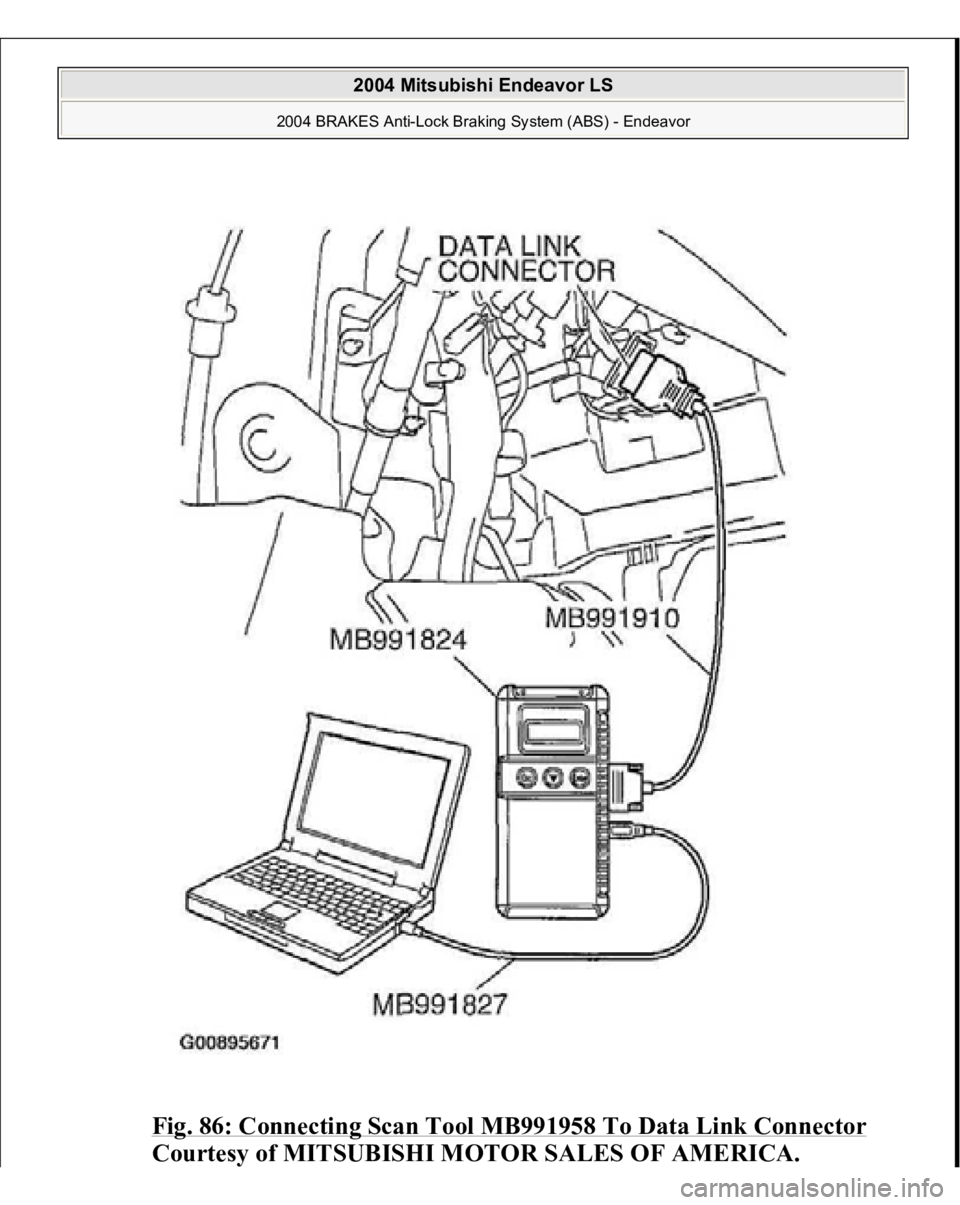 MITSUBISHI ENDEAVOR 2004  Service Repair Manual Fig. 86: Connecting Scan Tool MB991958 To Data Link Connector
 
Courtesy of MITSUBISHI MOTOR SALES OF AMERICA.
 
2004 Mitsubishi Endeavor LS 
2004 BRAKES Anti-Lock Braking System (ABS) - Endeavor
   
