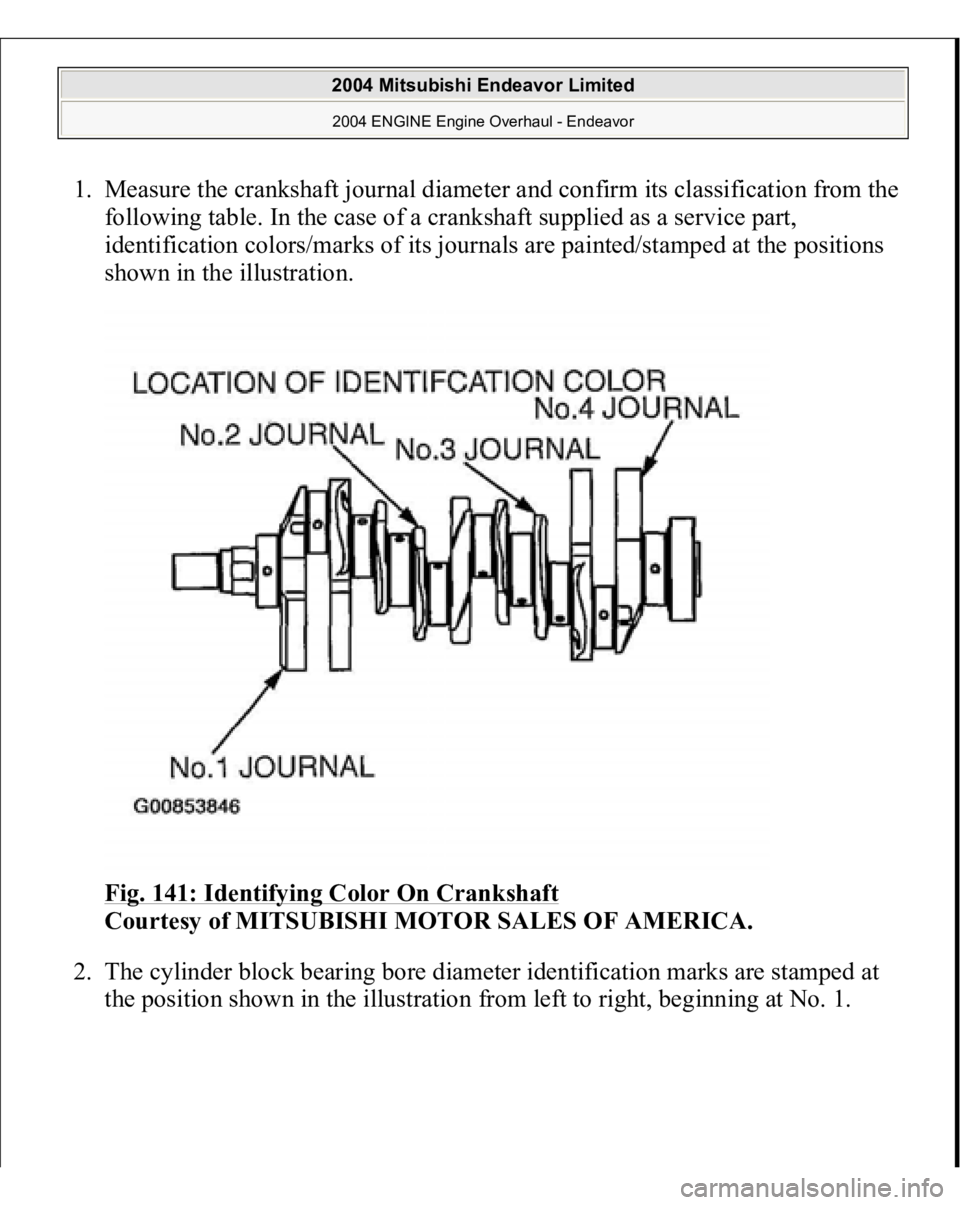 MITSUBISHI ENDEAVOR 2004  Service Repair Manual 1. Measure the crankshaft journal diameter and confirm its classification from the 
following table. In the case of a crankshaft supplied as a service part, 
identification colors/marks of its journal