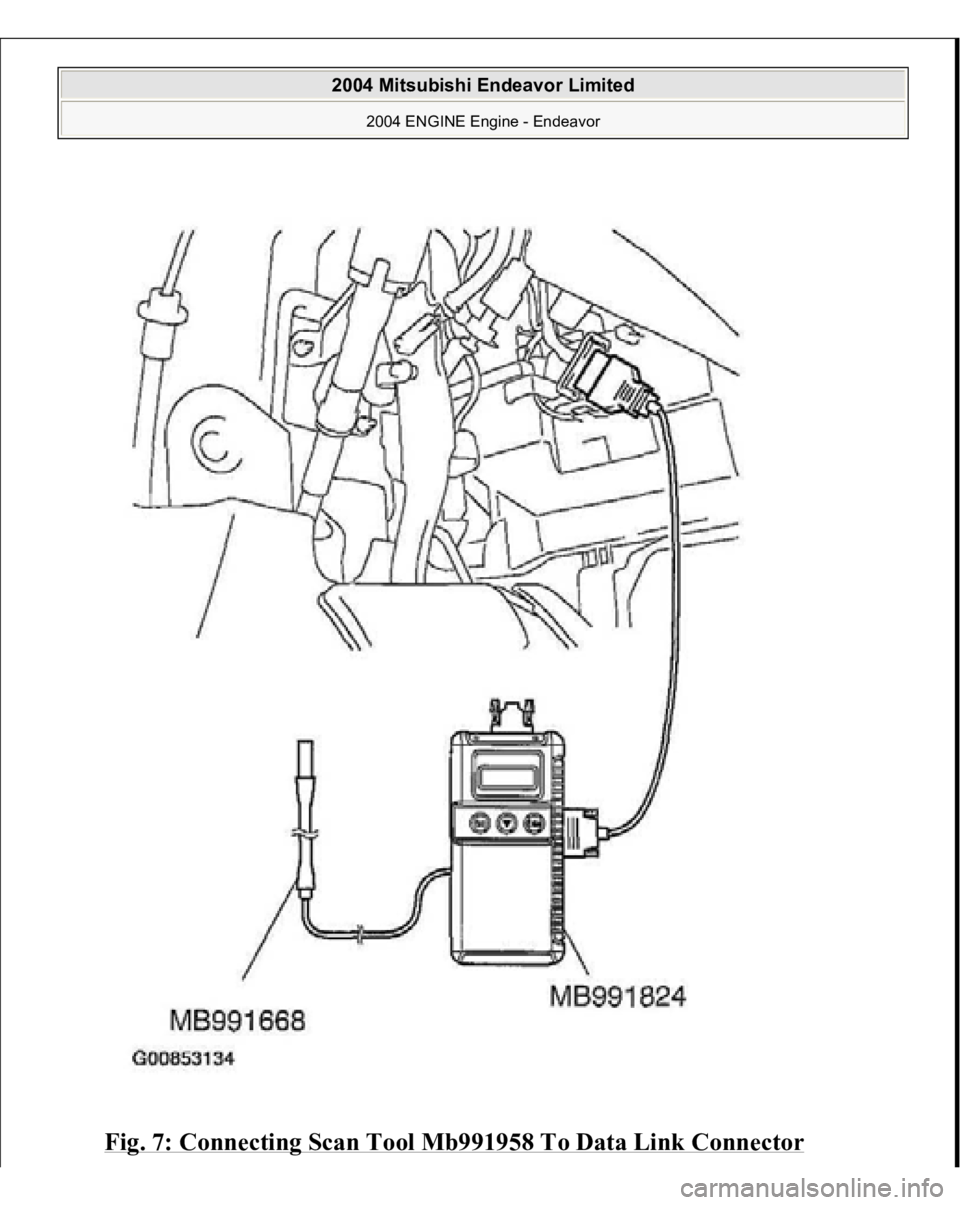 MITSUBISHI ENDEAVOR 2004  Service Repair Manual Fig. 7: Connecting Scan Tool Mb991958 To Data Link Connector
 
2004 Mitsubishi Endeavor Limited 
2004 ENGINE Engine - Endeavor
   