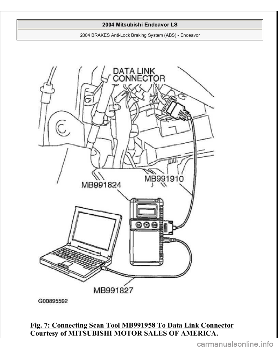 MITSUBISHI ENDEAVOR 2004  Service User Guide Fig. 7: Connecting Scan Tool MB991958 To Data Link Connector
 
Courtesy of MITSUBISHI MOTOR SALES OF AMERICA.
 
2004 Mitsubishi Endeavor LS 
2004 BRAKES Anti-Lock Braking System (ABS) - Endeavor
   