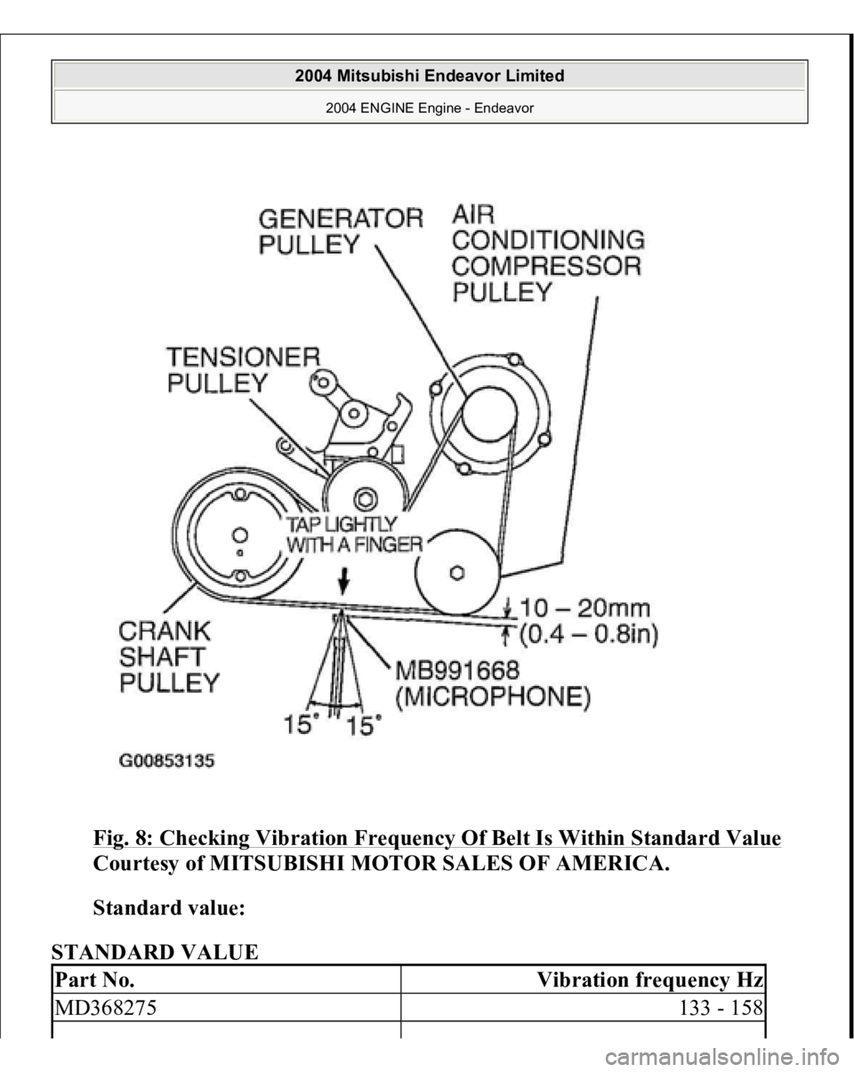 MITSUBISHI ENDEAVOR 2004  Service Repair Manual Fig. 8: Checking Vibration Frequency Of Belt Is Within Standard Value
 
Courtesy of MITSUBISHI MOTOR SALES OF AMERICA. 
Standard value:  
STANDARD VALUE 
Part No.
Vibration frequency Hz
MD368275
133 -