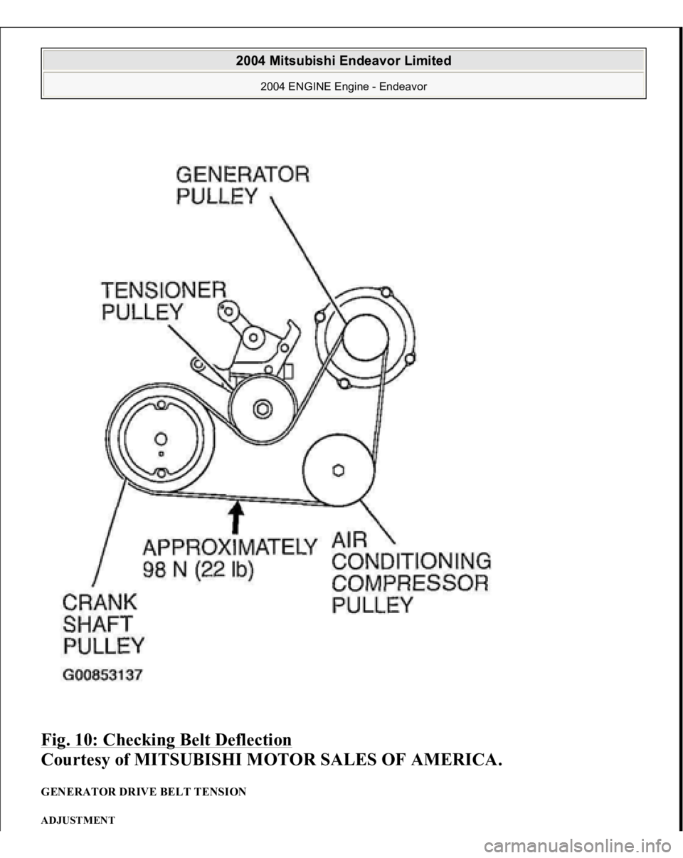 MITSUBISHI ENDEAVOR 2004  Service Repair Manual Fig. 10: Checking Belt Deflection
 
Courtesy of MITSUBISHI MOTOR SALES OF AMERICA. 
GENERATOR DRIVE BELT TENSION ADJUSTMENT  
2004 Mitsubishi Endeavor Limited 
2004 ENGINE Engine - Endeavor
   