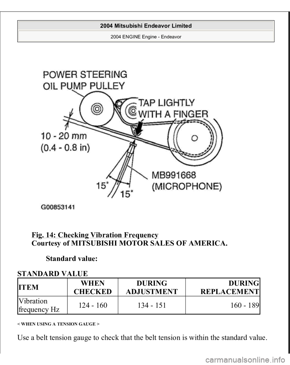 MITSUBISHI ENDEAVOR 2004  Service Repair Manual Fig. 14: Checking Vibration Frequency
 
Courtesy of MITSUBISHI MOTOR SALES OF AMERICA. 
Standard value:  
STANDARD VALUE 
< WHEN USING A TENSION GAUGE > Use a belt tension 
gauge to check that the bel