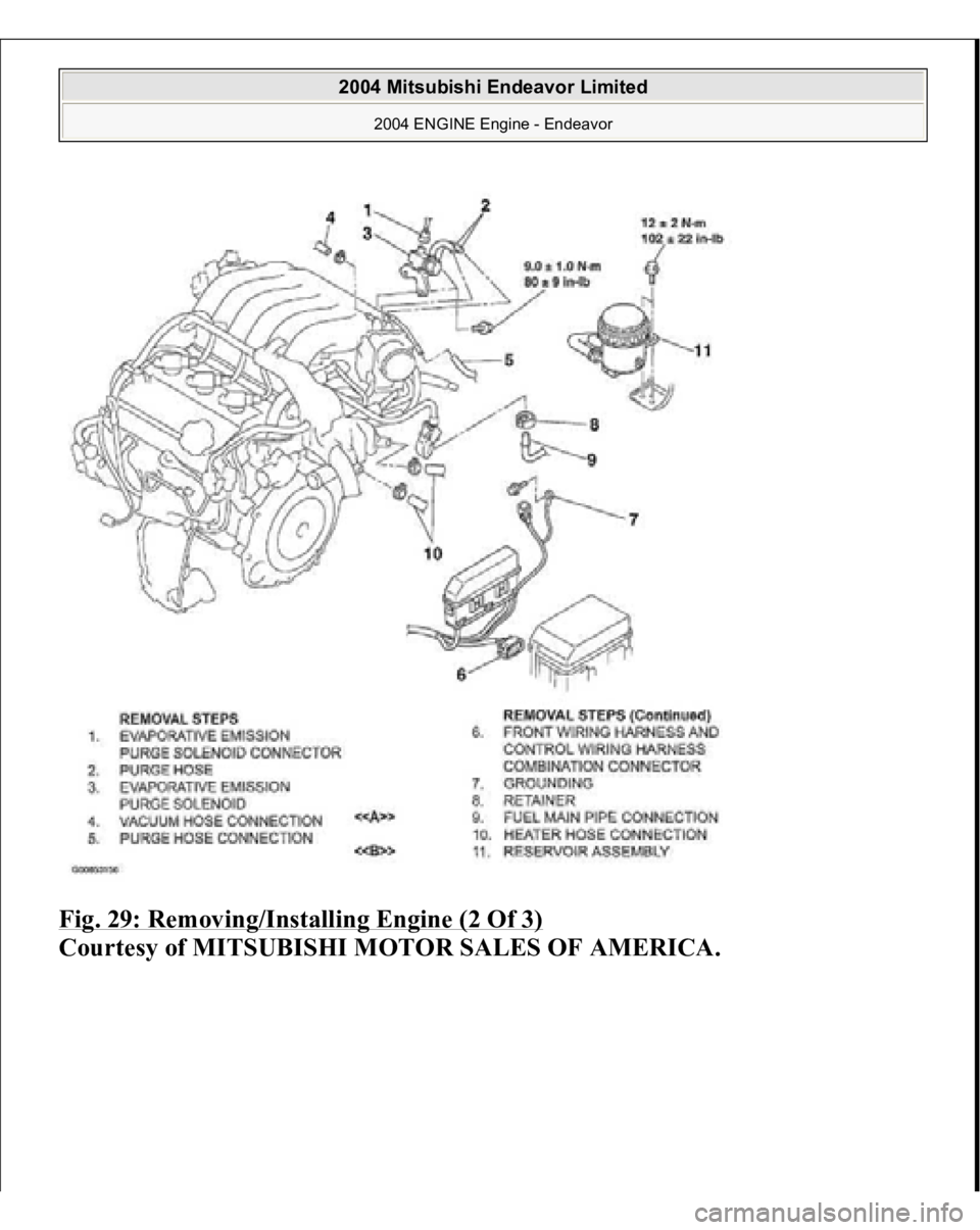 MITSUBISHI ENDEAVOR 2004  Service Repair Manual Fig. 29: Removing/Installing Engine (2 Of 3)
 
Courtesy of MITSUBISHI MOTOR SALES OF AMERICA.
 
2004 Mitsubishi Endeavor Limited 
2004 ENGINE Engine - Endeavor
   