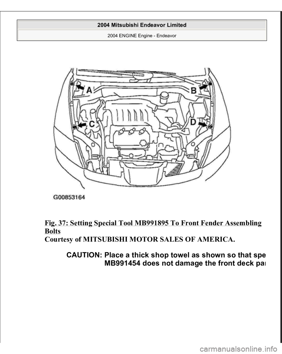 MITSUBISHI ENDEAVOR 2004  Service Repair Manual Fig. 37: Setting Special Tool MB991895 To Front Fender Assembling Bolts
 
Courtesy of MITSUBISHI MOTOR SALES OF AMERICA. CAUTION: Place a thick shop towel as shown so that sp
e
MB991454 does not dama
