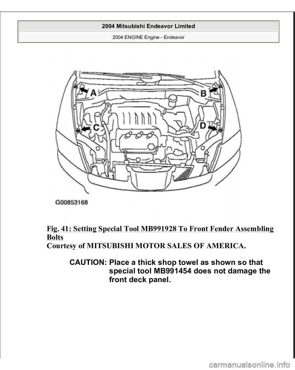 MITSUBISHI ENDEAVOR 2004  Service Repair Manual Fig. 41: Setting Special Tool MB991928 To Front Fender Assembling Bolts
 
Courtesy of MITSUBISHI MOTOR SALES OF AMERICA. CAUTION: Place a thick shop towel as shown so that 
special tool MB991454 does 