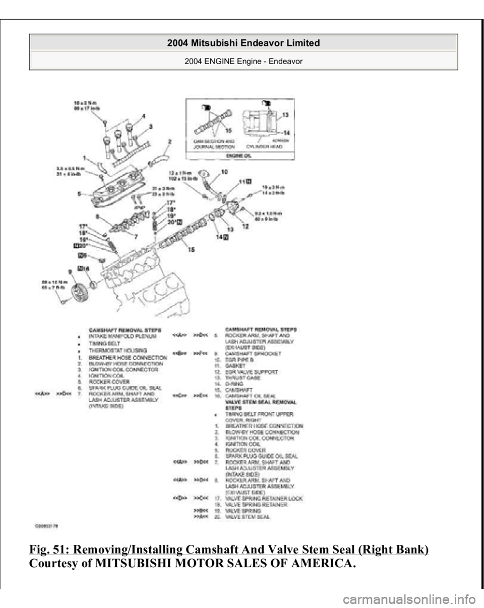 MITSUBISHI ENDEAVOR 2004  Service Repair Manual Fig. 51: Removing/Installing Camshaft And Valve Stem Seal (Right Bank)
 
Courtesy of MITSUBISHI MOTOR SALES OF AMERICA.
 
2004 Mitsubishi Endeavor Limited 
2004 ENGINE Engine - Endeavor
   