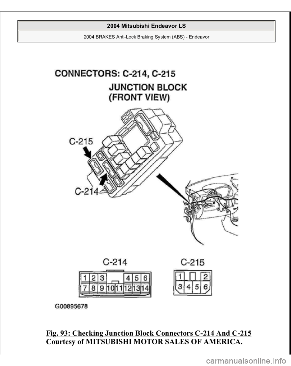 MITSUBISHI ENDEAVOR 2004  Service Repair Manual Fig. 93: Checking Junction Block Connectors C
-214 And C
-215
 
Courtesy of MITSUBISHI MOTOR SALES OF AMERICA.
 
2004 Mitsubishi Endeavor LS 
2004 BRAKES Anti-Lock Braking System (ABS) - Endeavor
   
