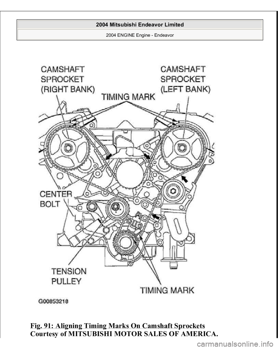 MITSUBISHI ENDEAVOR 2004  Service Repair Manual Fig. 91: Aligning Timing Marks On Camshaft Sprockets
 
Courtesy of MITSUBISHI MOTOR SALES OF AMERICA.
 
2004 Mitsubishi Endeavor Limited 
2004 ENGINE Engine - Endeavor
   