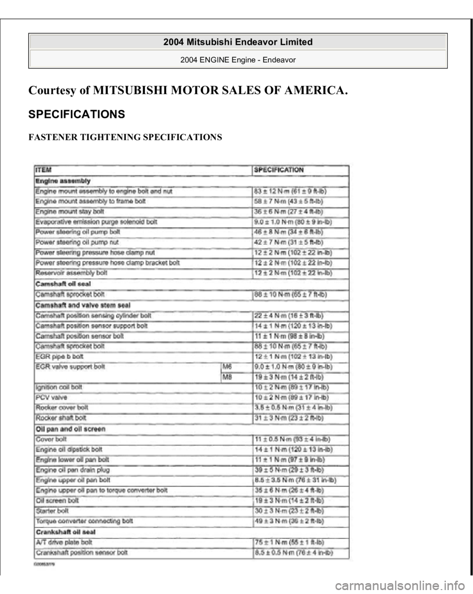 MITSUBISHI ENDEAVOR 2004  Service Repair Manual Courtesy of MITSUBISHI MOTOR SALES OF AMERICA
. 
SPECIFICATIONS FASTENER TIGHTENING SPECIFICATIONS  
2004 Mitsubishi Endeavor Limited 
2004 ENGINE Engine - Endeavor
   