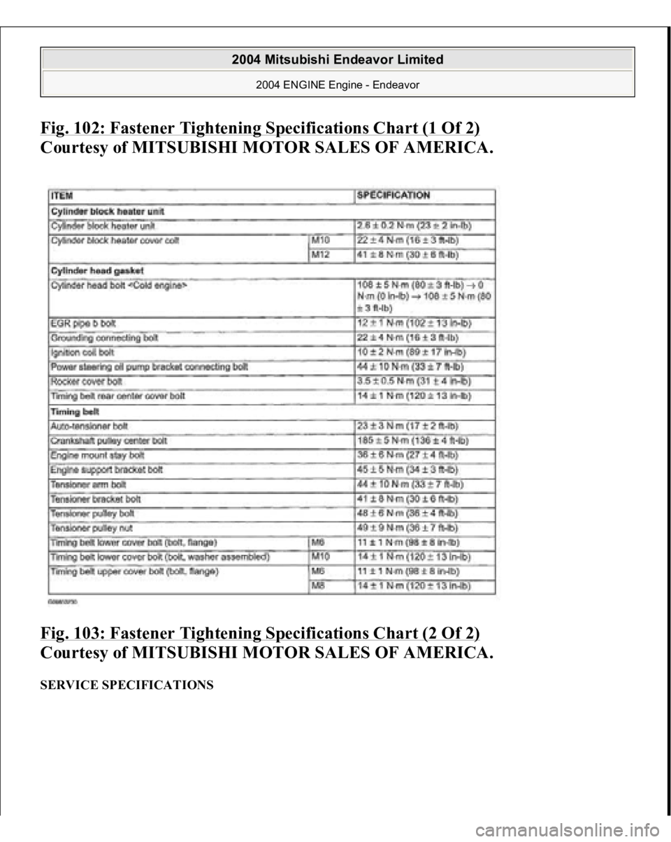 MITSUBISHI ENDEAVOR 2004  Service Repair Manual Fig. 102: Fastener Tightening Specifications Chart (1 Of 2)
 
Courtesy of MITSUBISHI MOTOR SALES OF AMERICA. 
Fig. 103: Fastener Tightening Specifications Chart (2 Of 2) 
Courtesy of MITSUBISHI MOTOR 