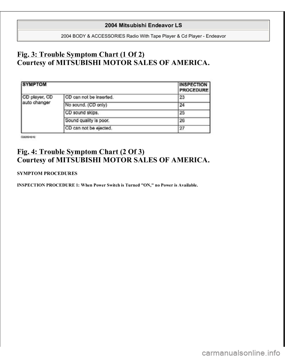 MITSUBISHI ENDEAVOR 2004  Service Repair Manual Fig. 3: Trouble Symptom Chart (1 Of 2)
 
Courtesy of MITSUBISHI MOTOR SALES OF AMERICA. 
Fig. 4: Trouble Symptom Chart (2 Of 3) 
Courtesy of MITSUBISHI MOTOR SALES OF AMERICA. 
SYMPTOM PROCEDURES INSP