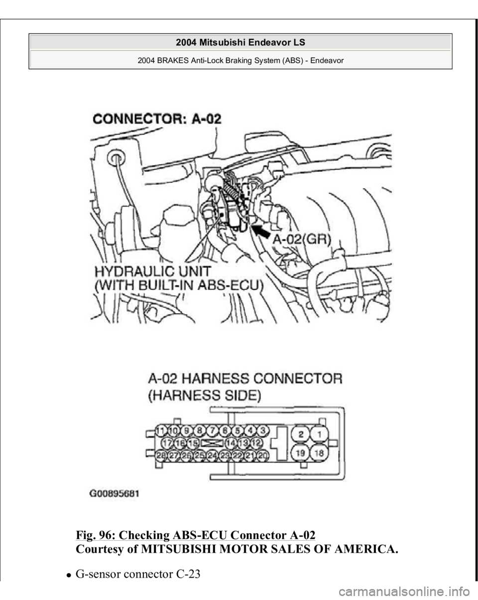 MITSUBISHI ENDEAVOR 2004  Service Repair Manual Fig. 96: Checking ABS
-ECU Connector A
-02 
Courtesy of MITSUBISHI MOTOR SALES OF AMERICA. 
G-sensor connector C-23 
 
2004 Mitsubishi Endeavor LS 
2004 BRAKES Anti-Lock Braking System (ABS) - Endeavo