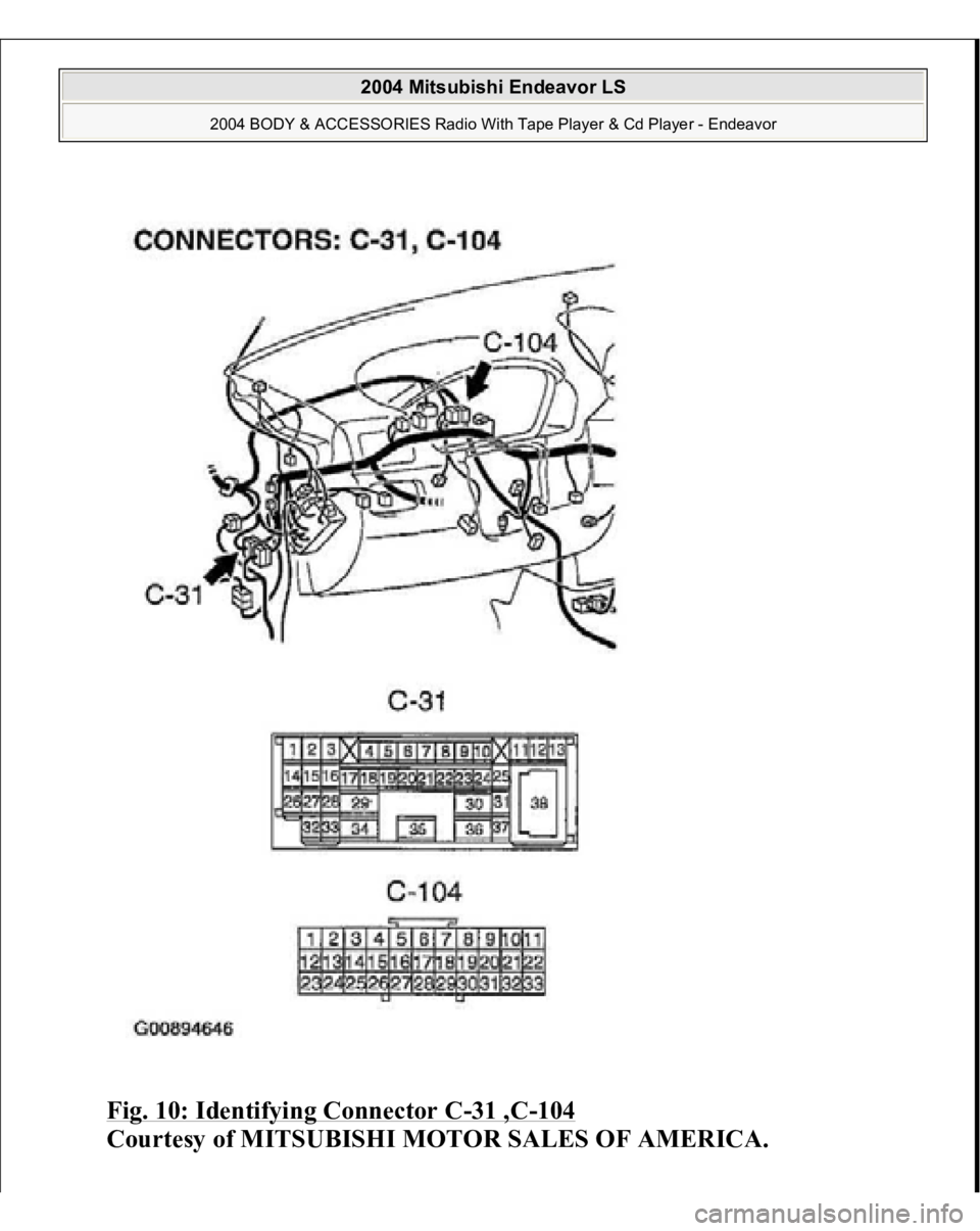 MITSUBISHI ENDEAVOR 2004  Service Repair Manual Fig. 10: Identifying Connector C
-31 ,C
-104
 
Courtesy of MITSUBISHI MOTOR SALES OF AMERICA.
 
2004 Mitsubishi Endeavor LS 
2004 BODY & ACCESSORIES Radio With Tape Player & Cd Player - Endeavor
   