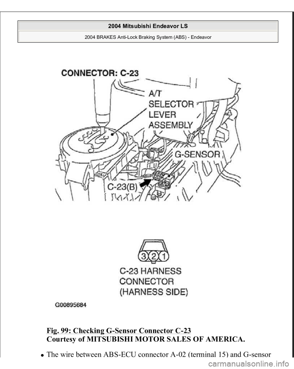 MITSUBISHI ENDEAVOR 2004  Service Repair Manual Fig. 99: Checking G
-Sensor Connector C
-23 
Courtesy of MITSUBISHI MOTOR SALES OF AMERICA. 
The wire between AB
S-ECU connector A-02 
(terminal 15
) and G-sensor 
 
2004 Mitsubishi Endeavor LS 
2004 