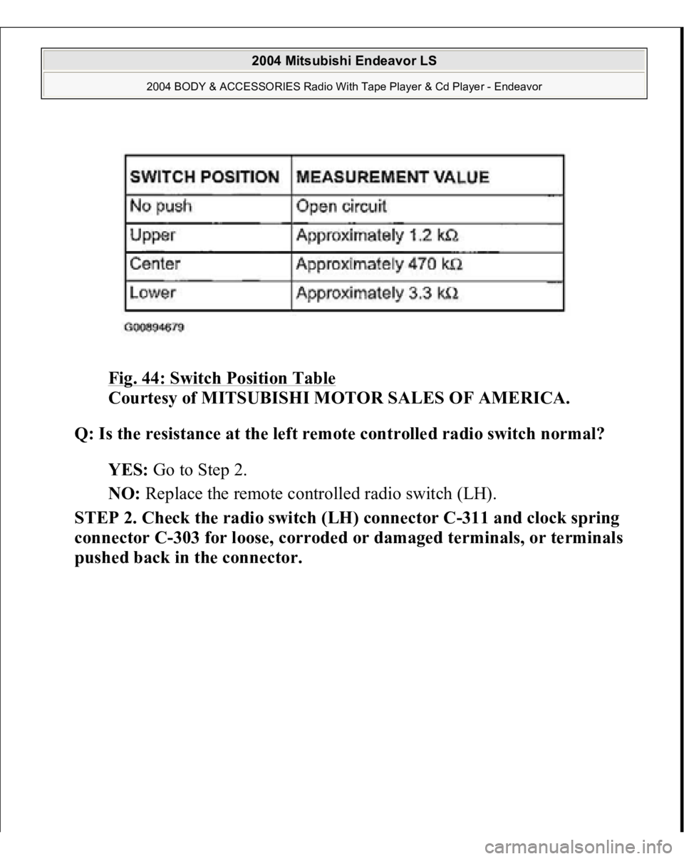 MITSUBISHI ENDEAVOR 2004  Service Repair Manual Fig. 44: Switch Position Table
 
Courtesy of MITSUBISHI MOTOR SALES OF AMERICA. 
Q: Is the resistance at the left remote controlled radio switch normal?  
YES: Go to Step 2.  
NO: Replace the remote c