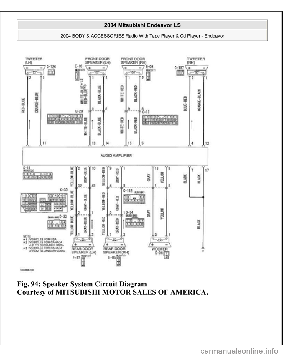 MITSUBISHI ENDEAVOR 2004  Service Repair Manual Fig. 94: Speaker System Circuit Diagram
 
Courtesy of MITSUBISHI MOTOR SALES OF AMERICA.
 
2004 Mitsubishi Endeavor LS 
2004 BODY & ACCESSORIES Radio With Tape Player & Cd Player - Endeavor
   