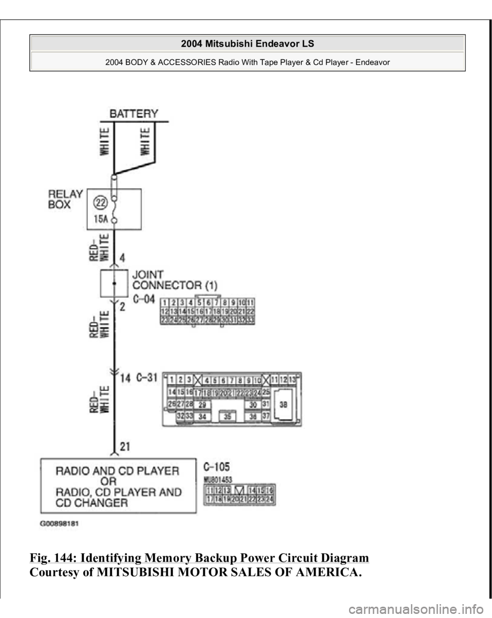 MITSUBISHI ENDEAVOR 2004 Service Repair Manual Fig. 144: Identifying Memory Backup Power Circuit Diagram
Courtesy of MITSUBISHI MOTOR SALES OF AMERICA.
2004 Mitsubishi Endeavor LS
2004 BODY & ACCESSORIES Radio With Tape Player & Cd Player - E MITSUBISHI ENDEAVOR 2004 Service Repair Manual Fig. 144: Identifying Memory Backup Power Circuit Diagram
Courtesy of MITSUBISHI MOTOR SALES OF AMERICA.
2004 Mitsubishi Endeavor LS
2004 BODY & ACCESSORIES Radio With Tape Player & Cd Player - E