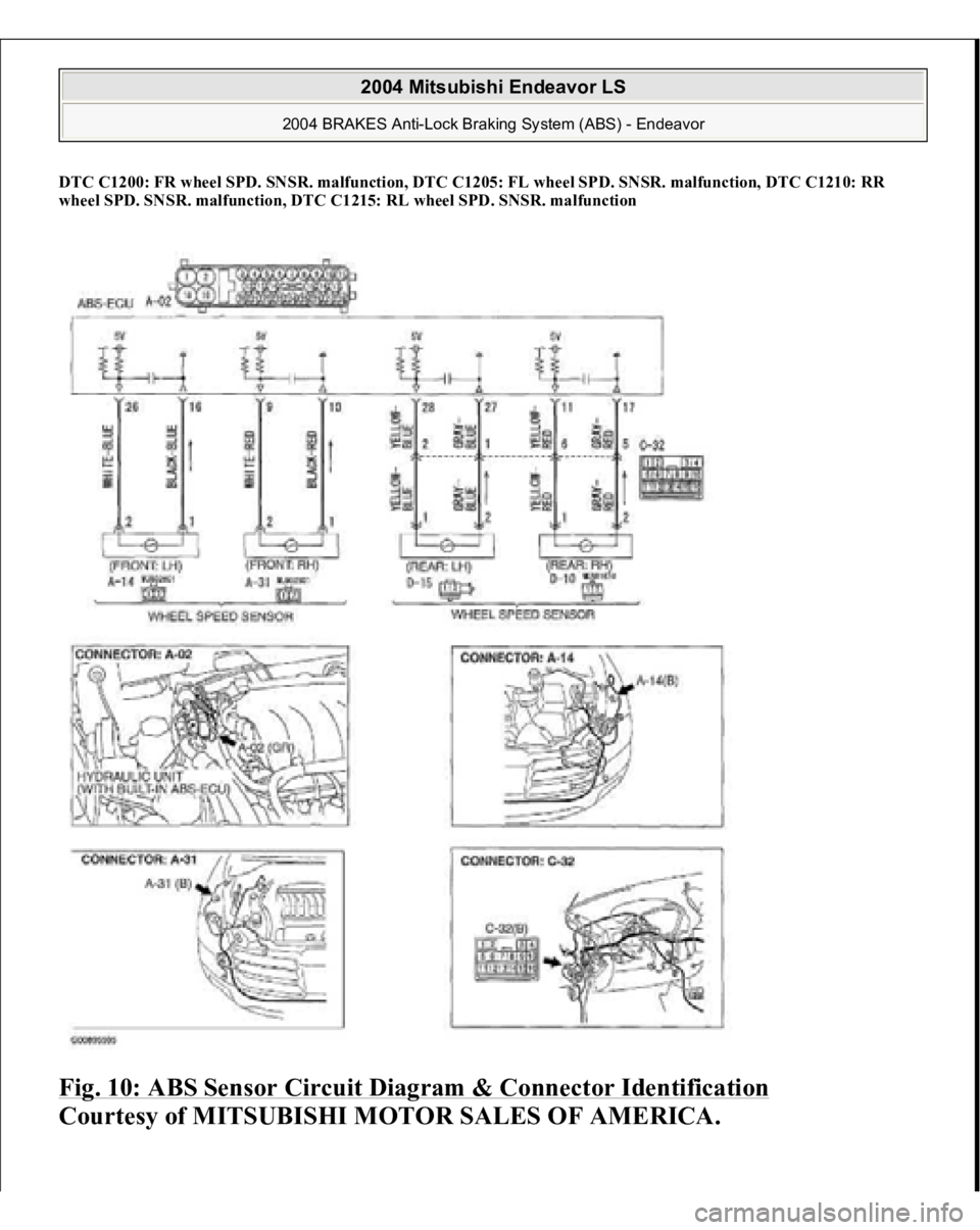 MITSUBISHI ENDEAVOR 2004 Service Repair Manual DTC C1200: FR wheel SPD. SNSR. malfunction, DTC C1205: FL wheel SPD. SNSR. malfunction, DTC C1210: RR
wheel SPD. SNSR. malfunction, DTC C1215: RL wheel SPD. SNSR. malfunction Fig. 10: ABS Sensor Circ MITSUBISHI ENDEAVOR 2004 Service Repair Manual DTC C1200: FR wheel SPD. SNSR. malfunction, DTC C1205: FL wheel SPD. SNSR. malfunction, DTC C1210: RR
wheel SPD. SNSR. malfunction, DTC C1215: RL wheel SPD. SNSR. malfunction Fig. 10: ABS Sensor Circ