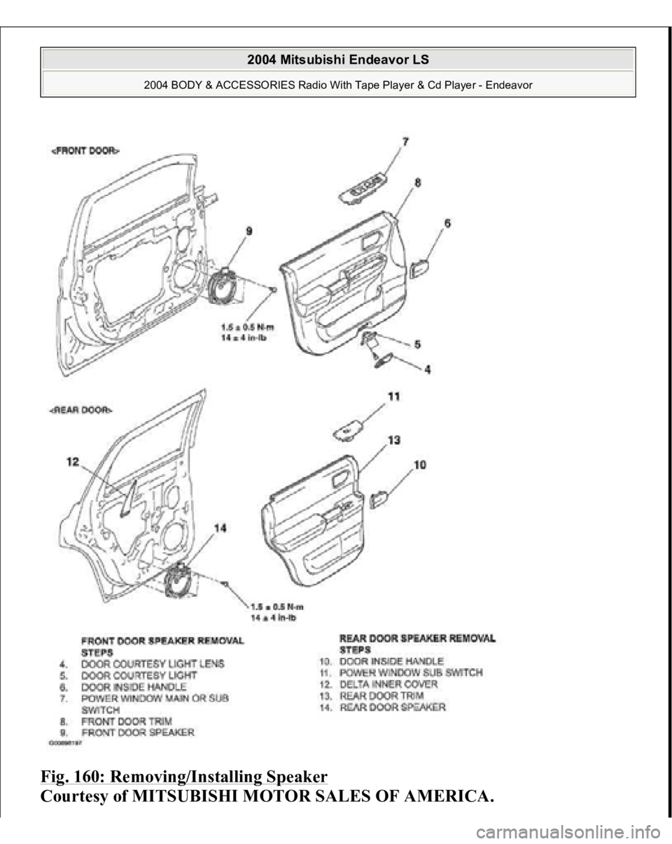 MITSUBISHI ENDEAVOR 2004  Service Repair Manual Fig. 160: Removing/Installing Speaker
 
Courtesy of MITSUBISHI MOTOR SALES OF AMERICA.
 
2004 Mitsubishi Endeavor LS 
2004 BODY & ACCESSORIES Radio With Tape Player & Cd Player - Endeavor
   