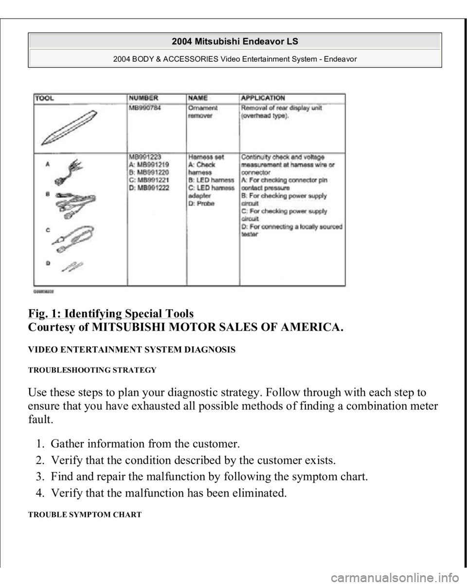 MITSUBISHI ENDEAVOR 2004  Service Repair Manual Fig. 1: Identifying Special Tools
 
Courtesy of MITSUBISHI MOTOR SALES OF AMERICA. 
VIDEO ENTERTAINMENT SYSTEM DIAGNOSIS TROUBLESHOOTING STRATEGY Use these steps to plan your diagnostic strategy. Foll