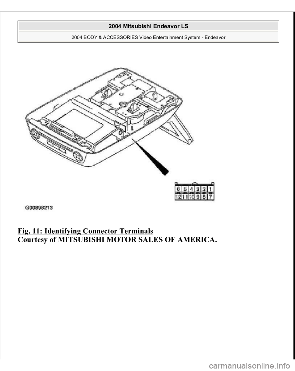 MITSUBISHI ENDEAVOR 2004  Service Repair Manual Fig. 11: Identifying Connector Terminals
 
Courtesy of MITSUBISHI MOTOR SALES OF AMERICA.
 
2004 Mitsubishi Endeavor LS 
2004 BODY & ACCESSORIES Video Entertainment System - Endeavor
   