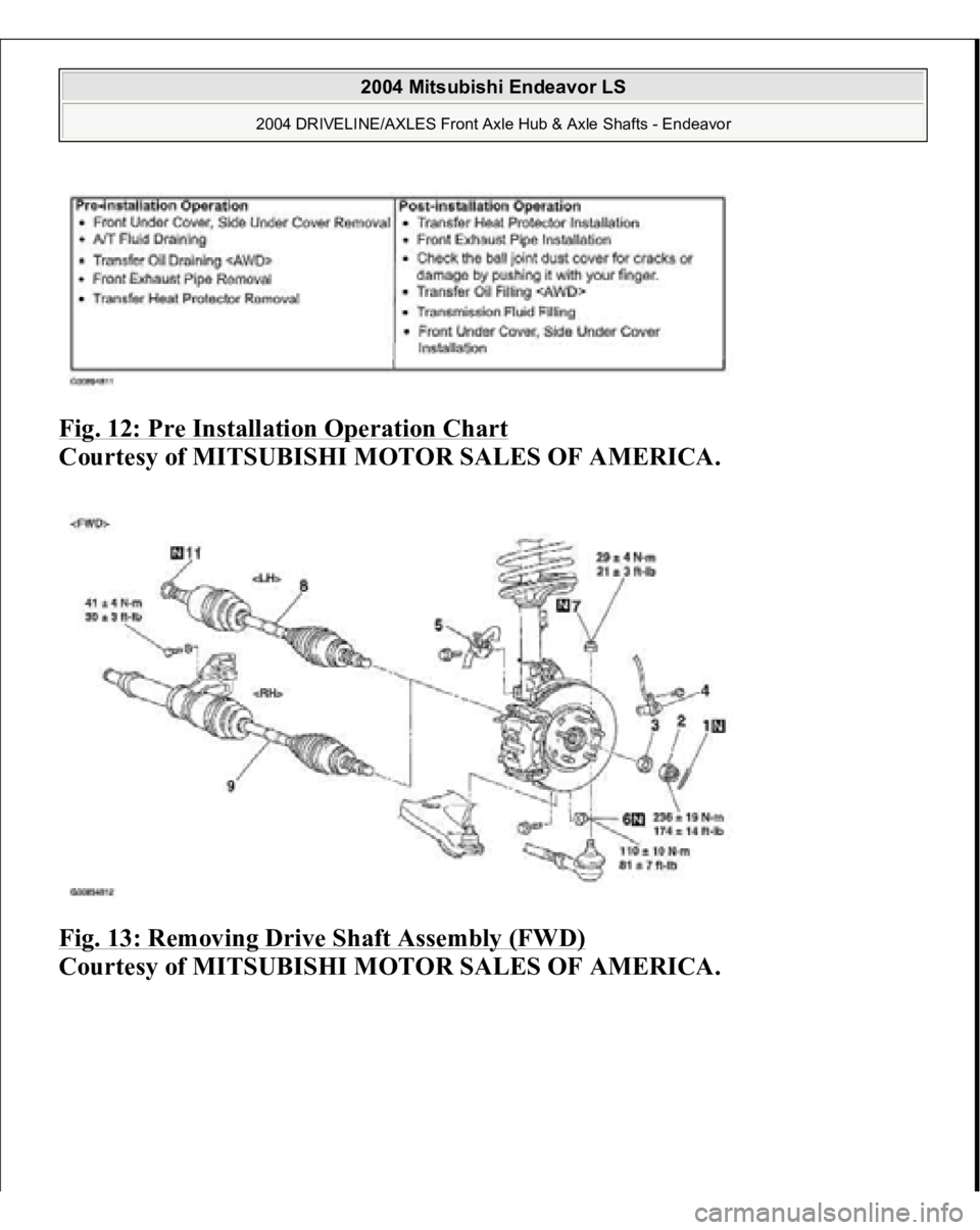 MITSUBISHI ENDEAVOR 2004  Service Repair Manual Fig. 12: Pre Installation Operation Chart
 
Courtesy of MITSUBISHI MOTOR SALES OF AMERICA. 
Fig. 13: Removing Drive Shaft Assembly (FWD)
 
Courtesy of MITSUBISHI MOTOR SALES OF AMERICA.
 
2004 Mitsubi